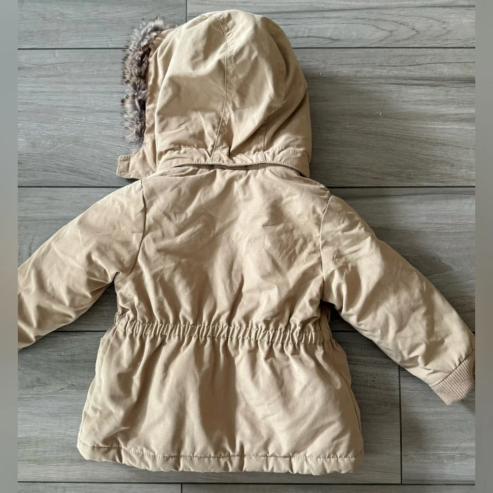 Girls puffer jacket Tan Hooded Jacket with Faux Fur Trim - Picture 3 of 4